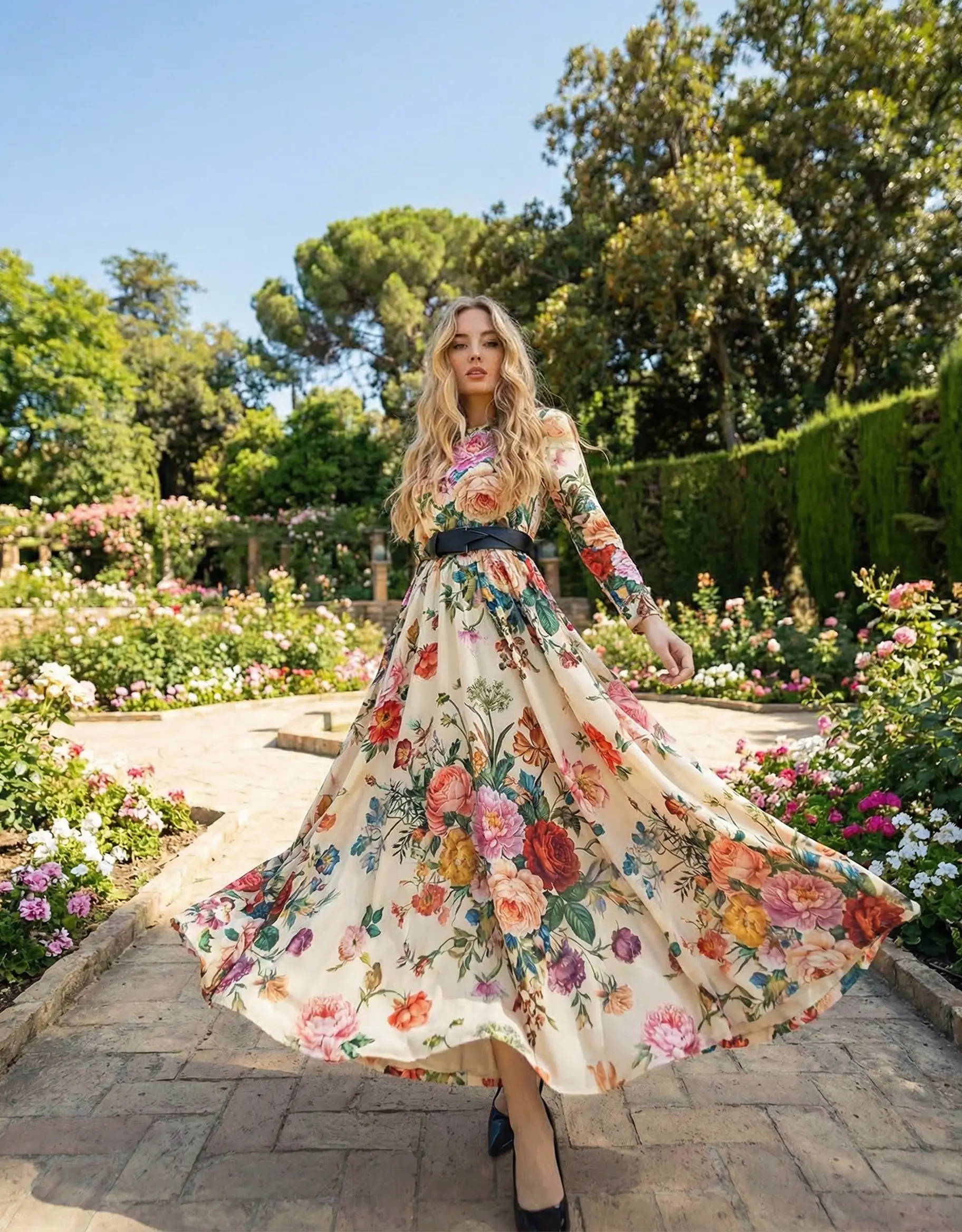 Floral maxi dress photographed in a rose garden
